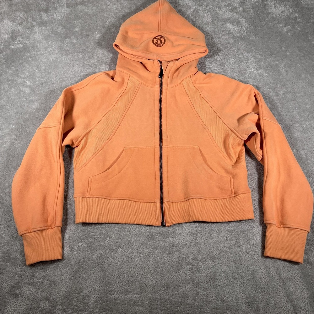 Lululemon Scuba Hoodie Womens Medium Orange Full Zip Cropped Thumbholes Logo